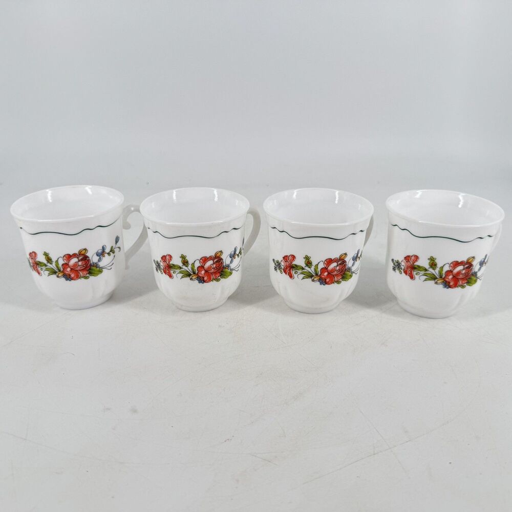 Vintage Arcopal France Provincial Floral Coffee Cups Set of 4 Scalloped Rim